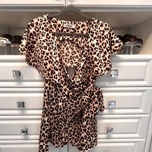 NWOT - leopard print open back, wrap tie romper